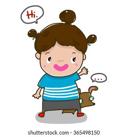 vector illustration of cute cute-girl-and-dog  cartoon drawing style