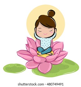 vector illustration of cute cute-girl-lotus-Close-the-ears cartoon drawing style
