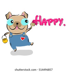 vector illustration of cute cute-happy-bull-dog-painting cartoon drawing style