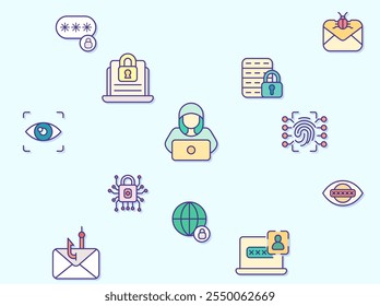 Vector illustration of a cute Cyber Attack. Collection of cyber security, bug, protection, virus, hacking, bug, antivirus, cyber lock, network, spam, spy and other elements. Isolated on blue.