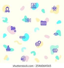 Ilustración vectorial de una seguridad cibernética linda. Colección de protección, virus, hacking, hacker, bug, antivirus, bloqueo cibernético, red, spam y otros Elementos. Aislado en beige.