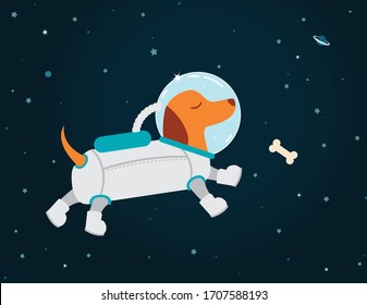 A vector illustration of a cute Dachshund wiener dog astronaut in a space suit floating in space with a dog bone