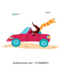 A Vector Illustration Of A Cute Dachshund Wiener Dog In A Cabriolet. Summertime And Vacation Mood.