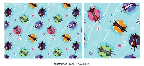 A vector illustration of a cute Dachshund wiener dog in a swimming pool. A rubber ring on a beach