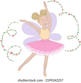Vector illustration with a cute dancing ballerina princess surrounded by small flower buds swirling in the air. Delicate illustration isolated on a white background. For decoration and design.