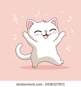 Vector illustration of a cute dancing cat in kawaii style.

