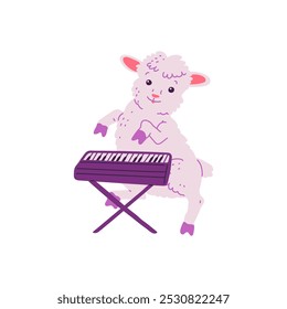 Vector illustration of a cute dancing lamb playing the piano. Flat cartoon style character on isolated background. Dancing animals. Children's design.