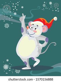 Vector illustration of cute dancing mouse character on turquoise background. Vector cartoon stock illustration.Winter holiday, Christmas eve concept. For prints, banners, stickers, cards