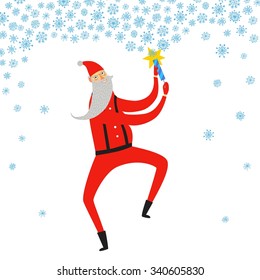 Vector illustration with cute dancing Santa Claus with cracker and snowflakes. Christmas illustration for your design.