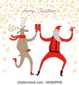 Vector Illustration With Cute Dancing Santa Claus And Reindeer With Opened Gift Box And Doodle Christmas Symbols. Christmas Illustration For Your Design.