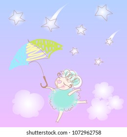 Vector illustration of cute dancing sheep with umbrella under a star fall