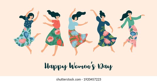 Vector illustration of cute dancing women. International Women s Day concept for card, poster, banner and other users