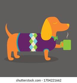 A vector illustration of a cute dapper Dachshund wiener dog wearing a sweater and bowtie and holding a mug of coffee