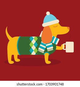 A vector illustration of a cute dapper fancy Dachshund wiener dog wearing a sweater, scarf and hat and holding a mug of coffee or hot cocoa