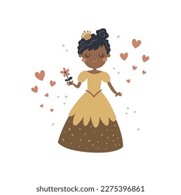 vector illustration of a cute dark skin princess holding a flower in her hand, adorable illustration for kids