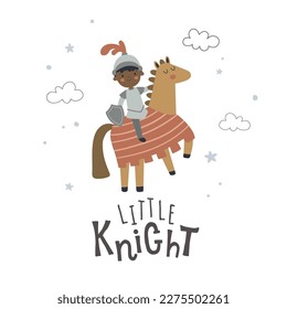 vector illustration of a cute dark skin boy riding a horse, adorable image of a knight on a pony