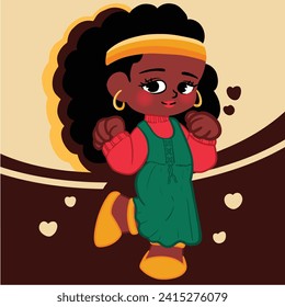 Vector illustration of a cute dark-skinned chibi woman who is cute and cheerful
