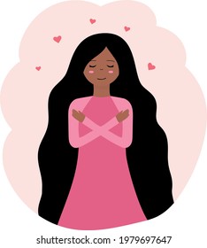 Vector illustration. A cute dark-skinned girl hugs herself. It can be used for postcards, banners.