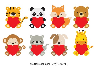 Vector illustration of cute Valentine’s day baby animals holding hearts including a tiger, panda, fox, bear, monkey, cat, dog, and giraffe. 