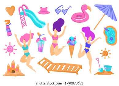 Vector illustration of cute decals jumping, summer time party. women are happy and young on the beach or by the pool, girls are relaxing, dancing and jumping. Clip art set of beach and pool items.