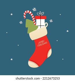 Vector illustration with cute decorated christmas socks, sock-shaped bag filled with gift, candy cane, christmas tree toy. Winter holidays card template design. Merry Christmas. 