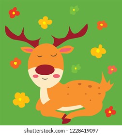 Vector illustration of cute deer. Cartoon character on green background 
