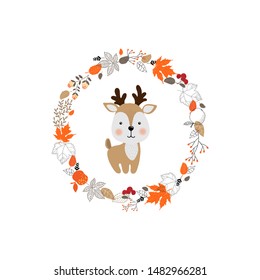 Vector illustration of cute deer cartoon style . Nature autumn concept. Baby picture.