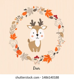 Vector illustration of cute deer cartoon style . Nature autumn concept. Baby picture.
