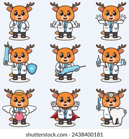 Vector Illustration of Cute Deer cartoon with Doctor costume. Set of cute Deer characters. Collection of funny little Deer.