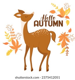 Ilustración vectorial con carácter de ciervo lindo, hojas de otoño y letras aisladas en fondo blanco. Ilustración para tarjeta de felicitación de Acción de Gracias, plantilla de invitación, afiche