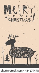 Vector illustration of cute deer with christmas balls, bows, branches and stars in the forest. Sign Merry Christmas, funny font, beige background. Lovely card for the holiday