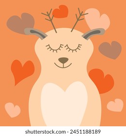 Vector illustration of a cute deer with closed eyes and expressive eyelashes. Smiling cute deer. Childish, cute, animal, antlers. Monochrome background with hearts