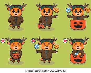 Vector illustration of cute Deer with Frankenstein halloween costume. Deer character vector design. Good for label, sticker, clipart.