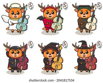 Vector illustration of cute Deer with halloween costume playing Cello. Good for label, sticker, clipart.