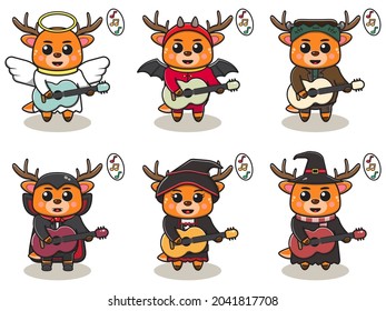 Vector illustration of cute Deer with halloween costume playing Guitar. Good for label, sticker, clipart.