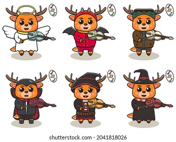 Vector illustration of cute Deer with halloween costume playing Violin. Good for label, sticker, clipart.