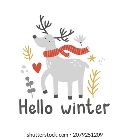 vector illustration, cute deer and hello winter text, Christmas greeting card mockup