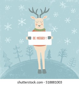 vector illustration of cute deer holding in his hand a banner with Be merry text