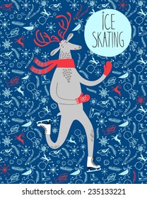 Vector illustration with cute deer ice skater on decorative background with winter characters and Christmas doodles 