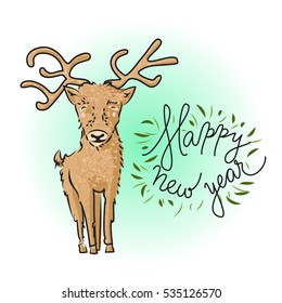Vector illustration, cute deer with lettering Happy New Year
