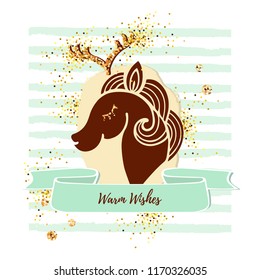 Vector illustration with cute deer. Deer as logo, badge, patch. Deer for winter season, invitation, birthday, greetings, party, Merry Christmas motive.