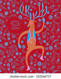 Vector illustration with cute deer on decorative background with gift boxes