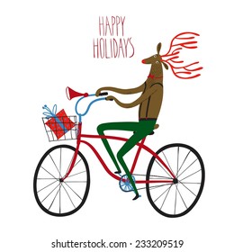 Vector illustration with cute deer on city bicycle with gift box in basket