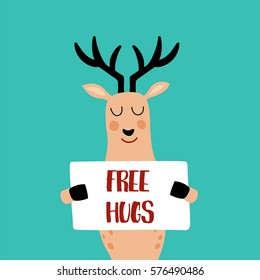 vector illustration of a cute deer with poster in his hands and free hugs text