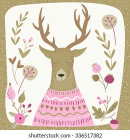 Vector illustration of cute deer in winter knitted sweater and flowers. Christmas card