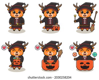 Vector illustration of cute Deer with Witch halloween costume. Deer character vector design. Good for label, sticker, clipart.