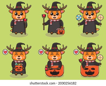 Vector illustration of cute Deer with Wizard halloween costume. Deer character vector design. Good for label, sticker, clipart.