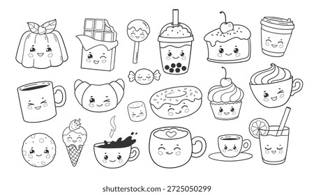 Ilustração vetorial de sobremesas bonitas e bebidas com rostos sorridentes. Coleção de objetos alimentares isolados planos em arte linear.