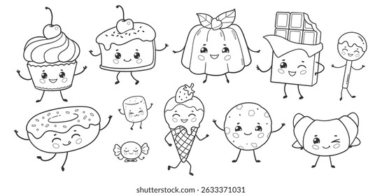 Vector illustration of cute desserts and sweets in black and white line art. Collection includes cupcake, chocolate, jelly, and more.