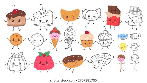 Vector illustration of cute desserts and sweets in color and black and white. Line art and color food character set.